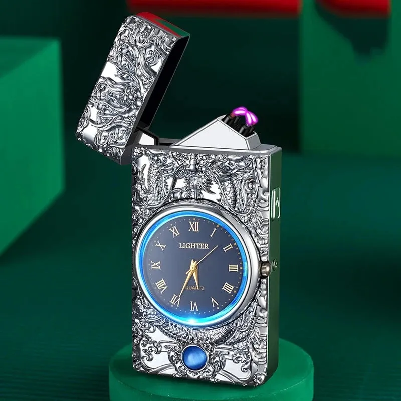 New Metal Clock Dual Arc Lighter LED Display USB Rechargeable Portable Flameless Lighter Outdoor Camping Flashlight Men's Gifts