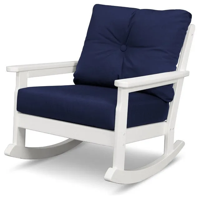 Polywood Outdoor Vineyard Rocking Chair in White With Navy Cushions