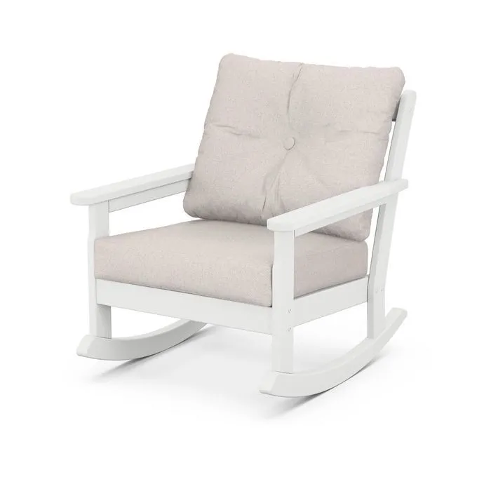 Polywood Outdoor Vineyard Rocking Chair in White With Navy Cushions