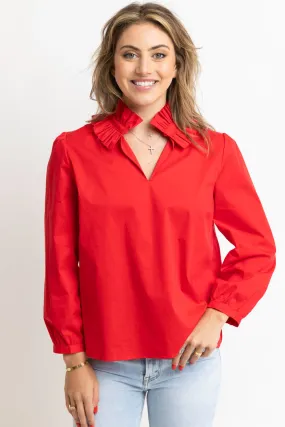 Solid Poplin Ruffle Neck Top