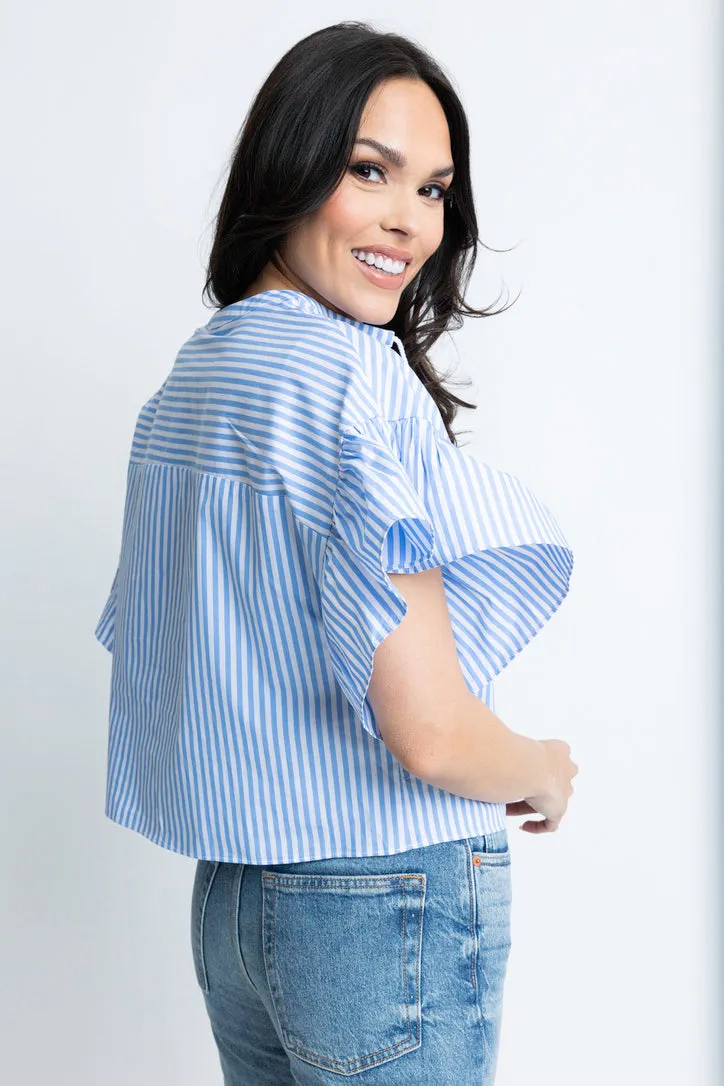 Stripe Poplin Ruffle Sleeve Top