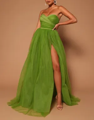 VESTIDO ILSE VERDE STRAPLESS FALDA TUL