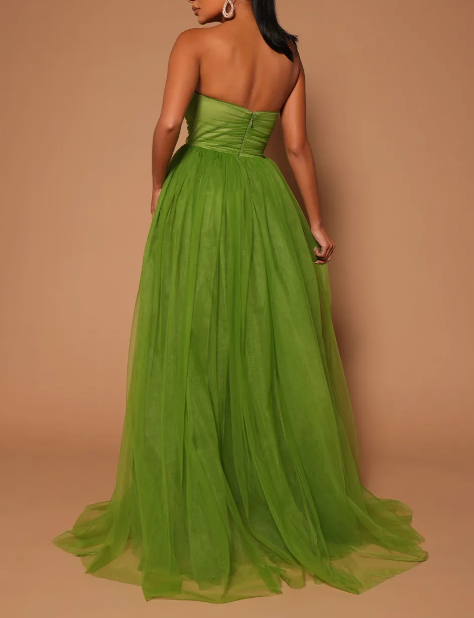 VESTIDO ILSE VERDE STRAPLESS FALDA TUL